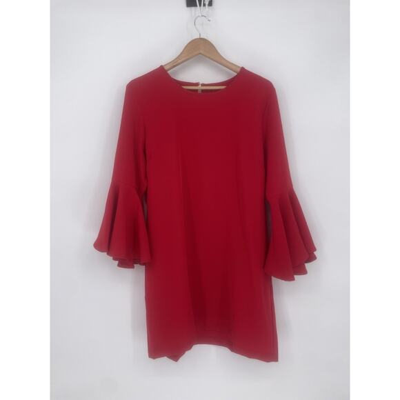 Mud Pie Women’s Large Red Long Bell Sleeve Button Keyhole Back Short Shift Dress - Picture 2 of 10